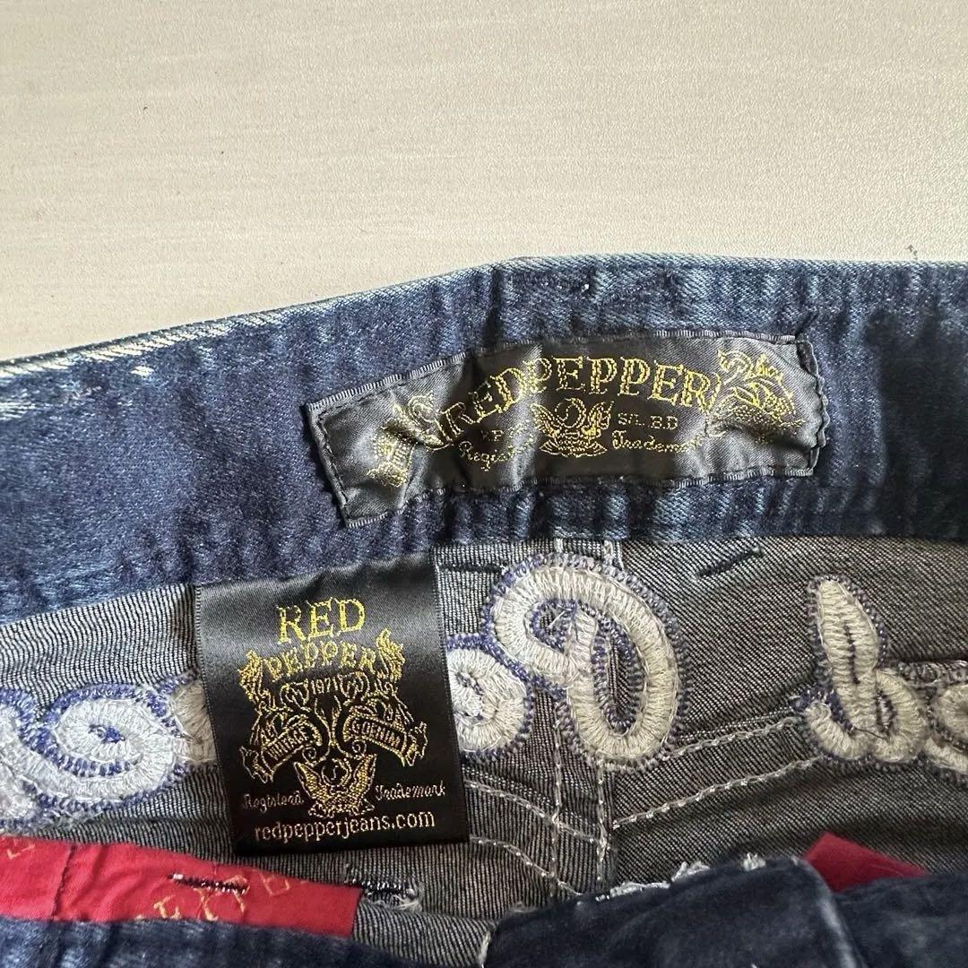 【極美品】レッドペッパーREDPEPPER ウィング刺繍 デニム フレア 25 極美品】レッドペッパーREDPEPPER ウィング刺繍 デニム フレア