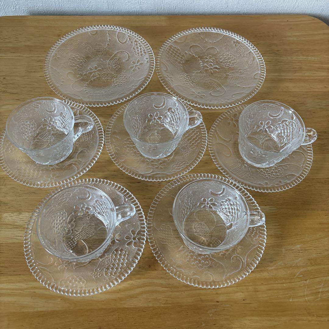 レトロガラスカップ&ソーサー 5客中皿2枚