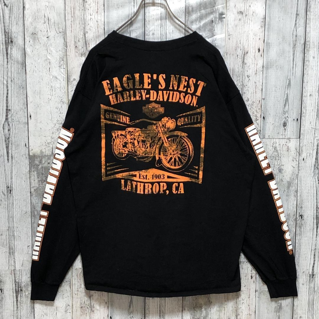 【送料関税無料】 ロンT ハーレーダビッドソン 黒 古着 90s スリーブロゴ 両面ロゴ 2XL トップス