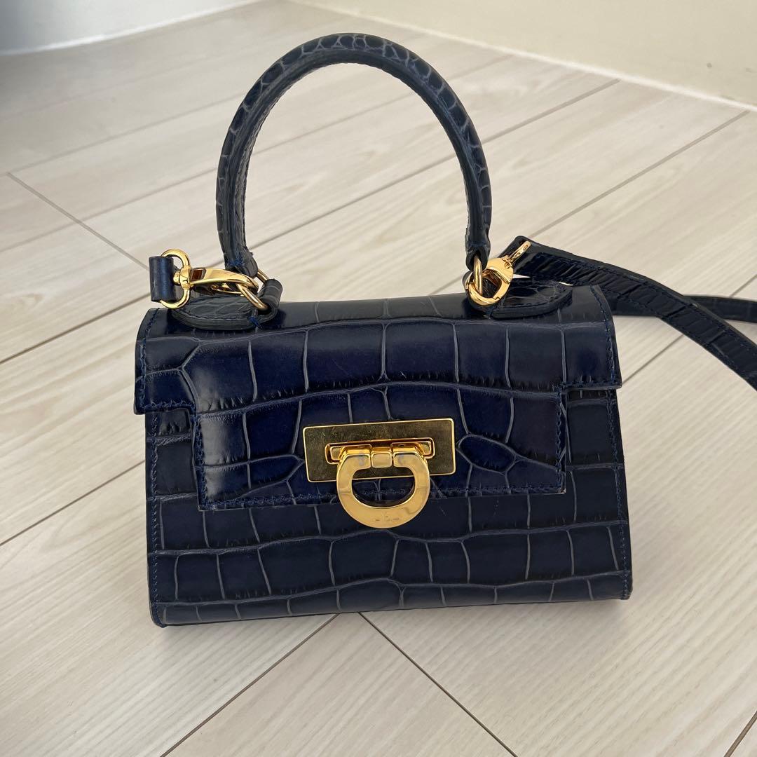 カルボッティ　ネイビー クロコ　ミニショルダーバッグ