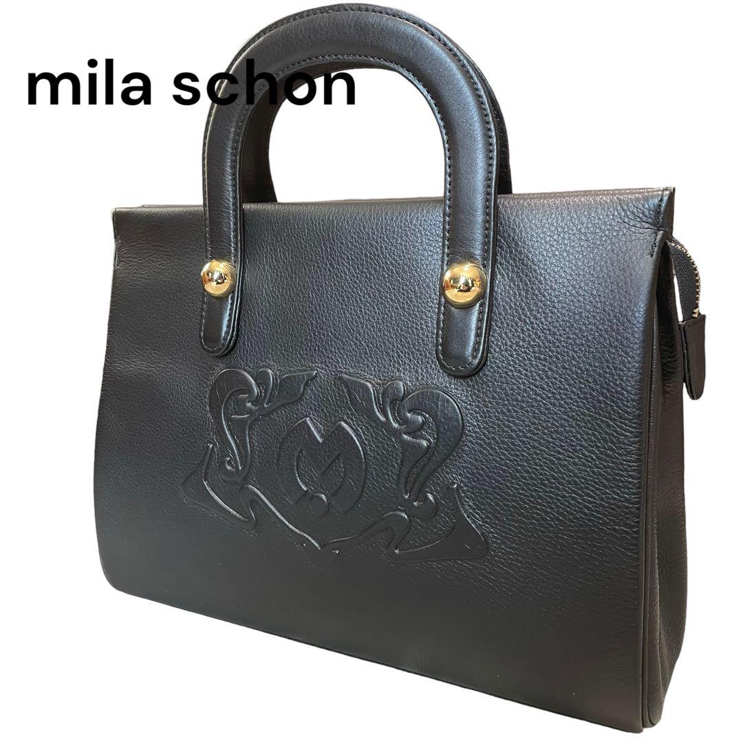 横31㎝極美品　mila schon ハンドバッグ　黒　レザー　シボ革　金金具　デカロゴ