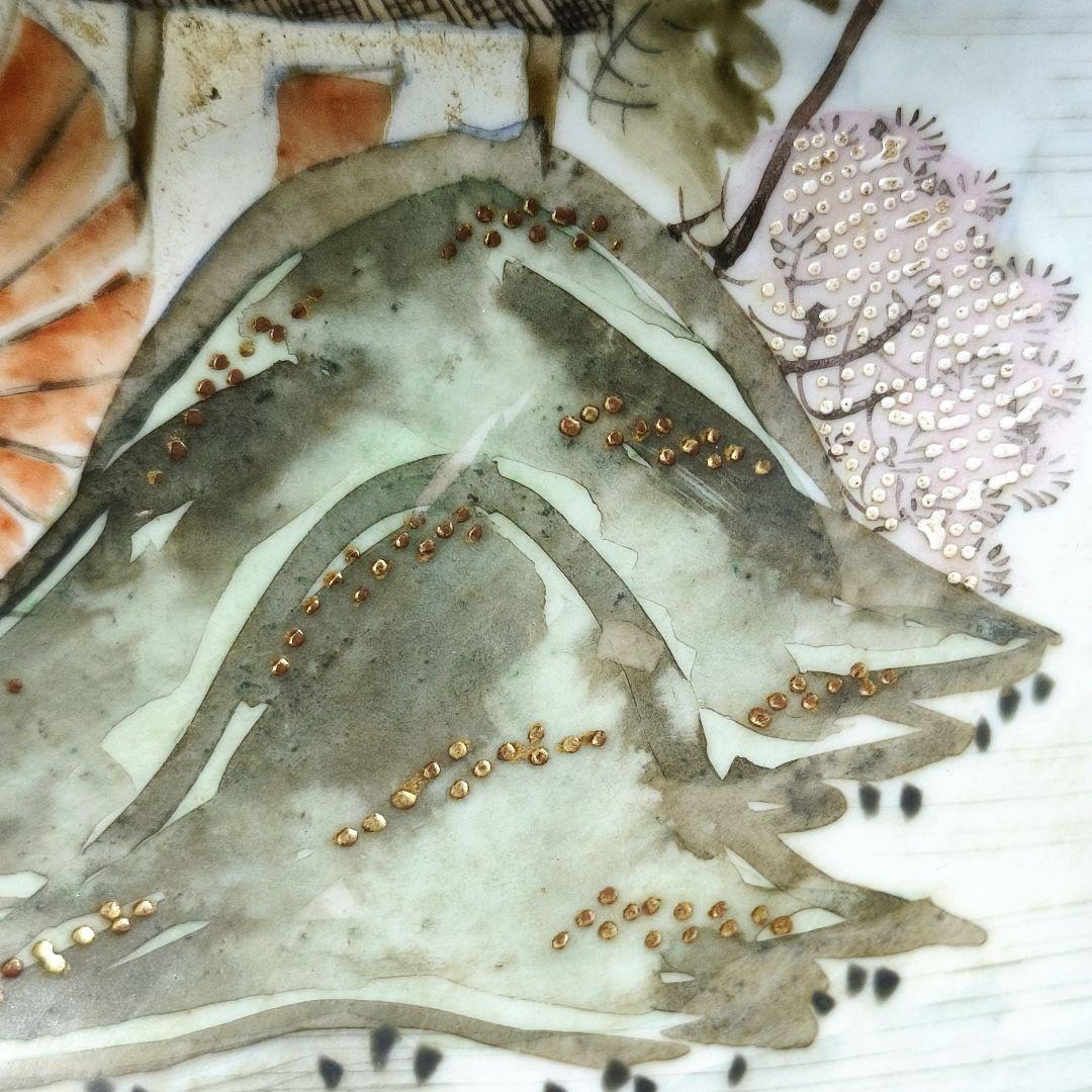 明治九谷焼 手描き深鉢 山小屋風景文 青粒 古美術品 骨董 蒐集家