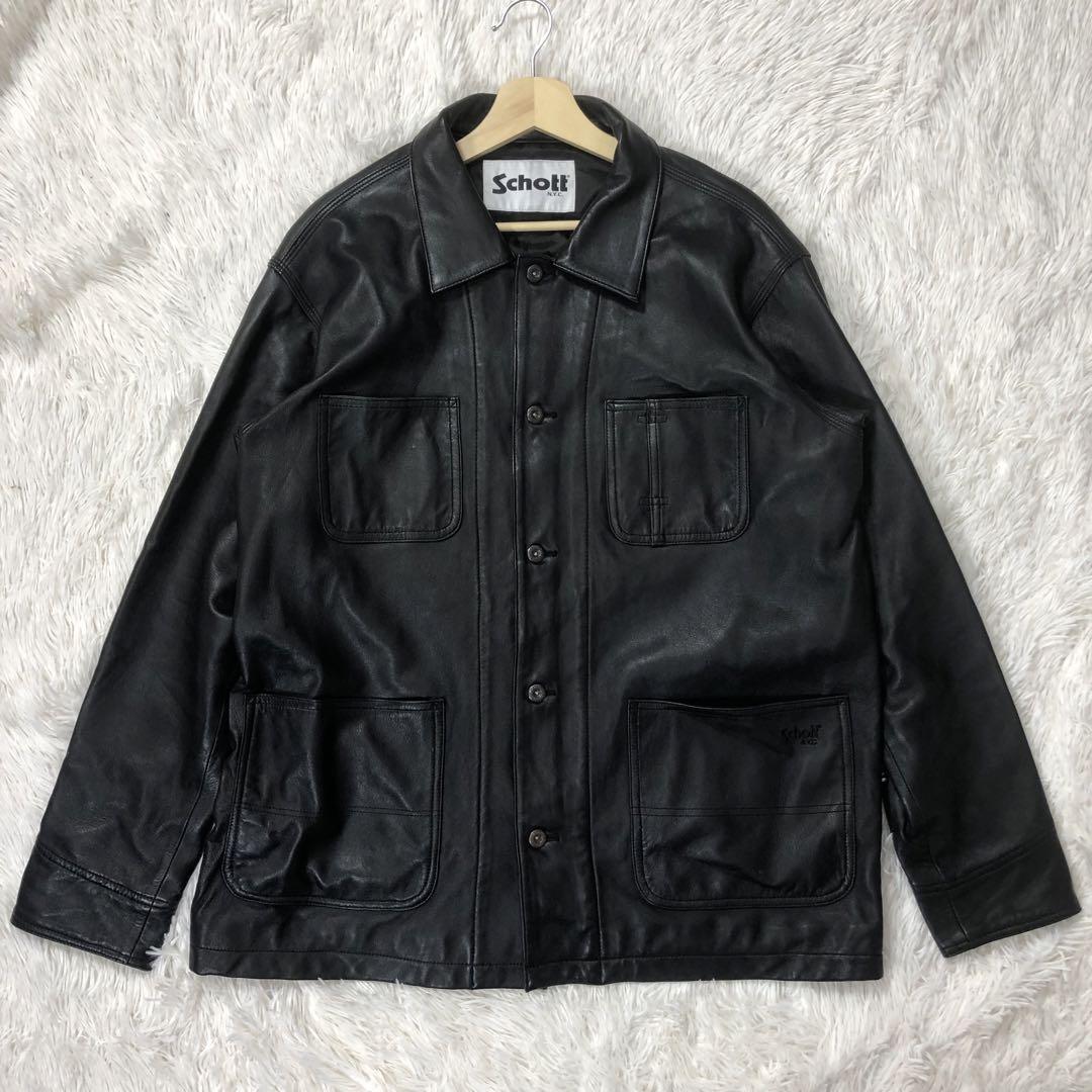 Schott ブラックレザー カバーオール schott カバーオール ラムレザー ブラック XL 軽量 大きめサイズ