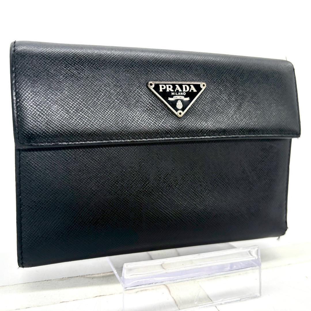 美品‼️ PRADA ブラック サフィアーノレザー 長財布　黒　ブルー系 美品】PRADA ブラック 長財布 サフィアーノレザー 三つ折り長