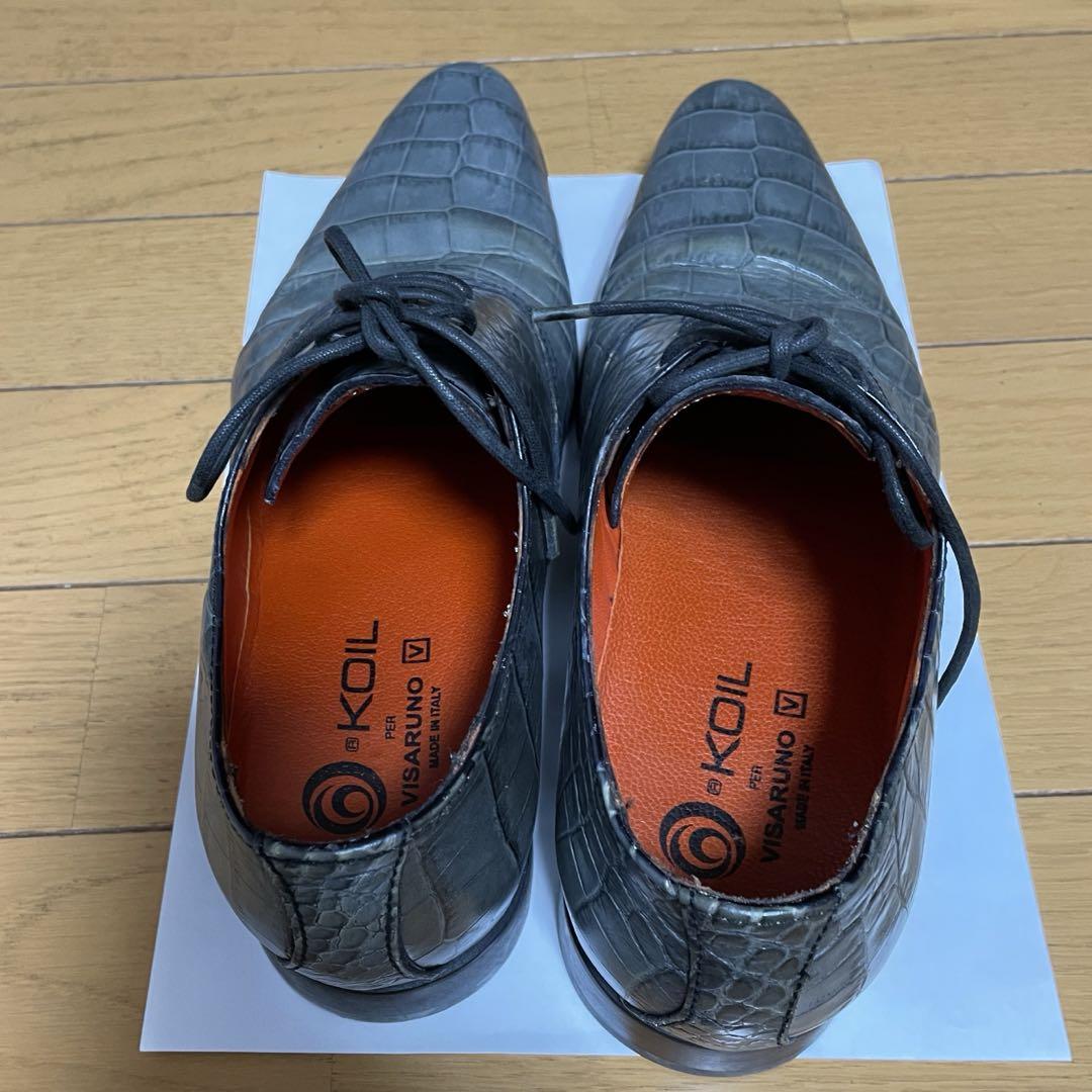VISARUNO グレー クロコダイル調　レザー 紐靴