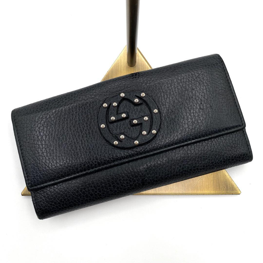 美品　GUCCI ネイビー　レザー　長財布　GGロゴ　スタッズ　231843 美品 GUCCI ネイビー レザー 長財布 GGロゴ スタッズ 231843