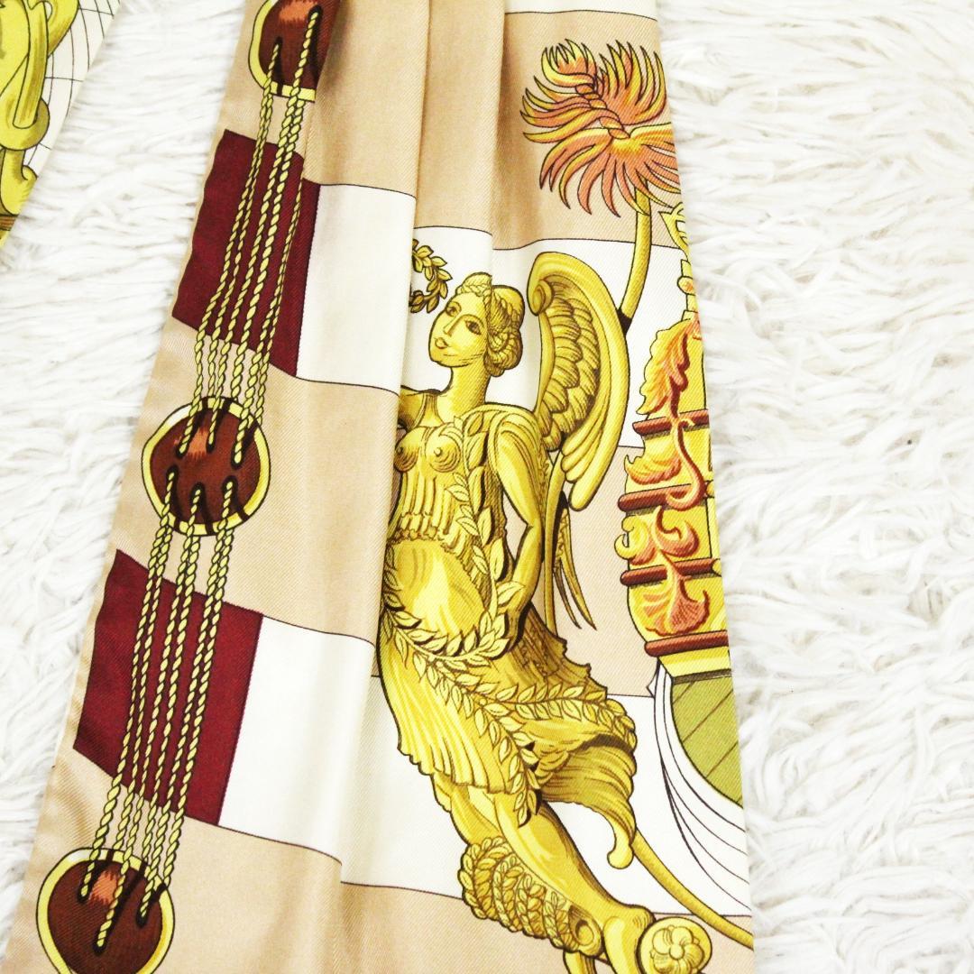 美品 HERMES エルメス アスコットタイ シルク 女神 ベージュ レッド