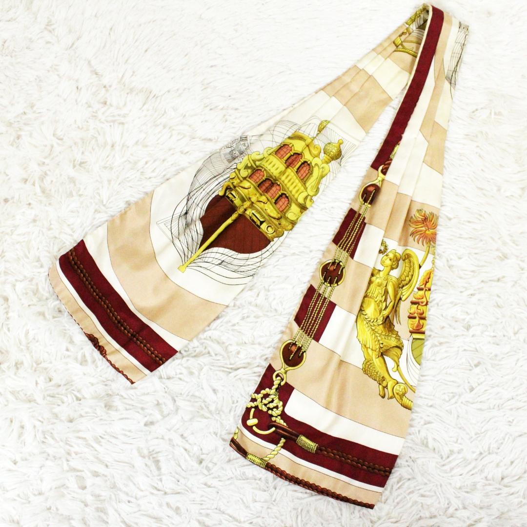 美品 HERMES エルメス アスコットタイ シルク 女神 ベージュ レッド