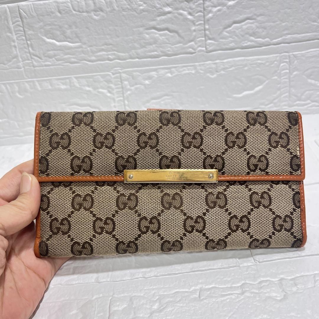 GUCCI✨長財布　GGキャンバス ロゴプレート　Wホック オレンジブラウン