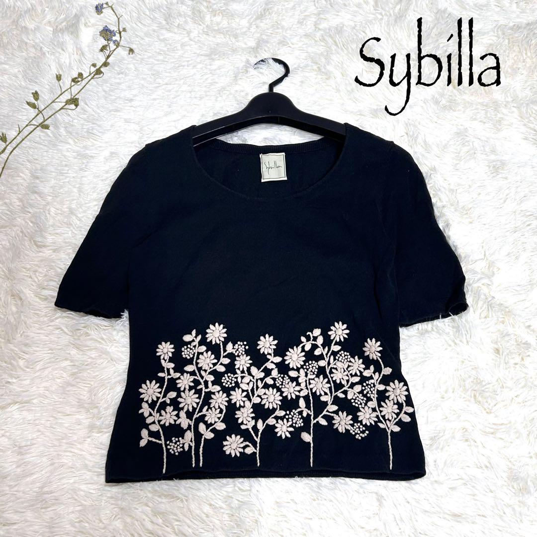 Sybilla シビラ 花柄刺繍 半袖トップス 黒 Tシャツ Uネック Mサイズ