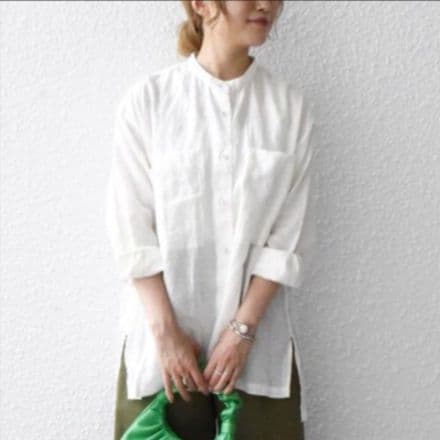 極美品SHIPS anyシップ　リネンスタンドカラーポケットシャツ　ホワイト　麻