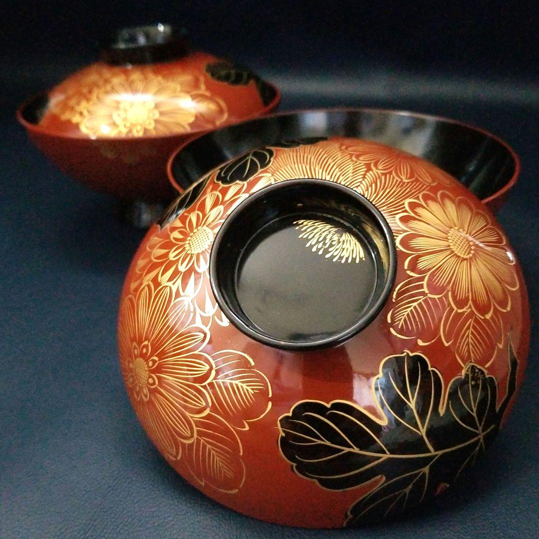朱塗 沈金 月夜に舟図 吸物椀 10個 [B31538] 漆器 蓋椀 朱塗り 沈金入り 大正昭和初期 直径11.5cm