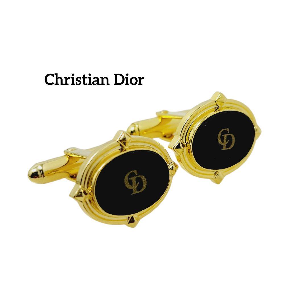 【美品】Christian Dior カフス CD オーバル ブラック ゴールド