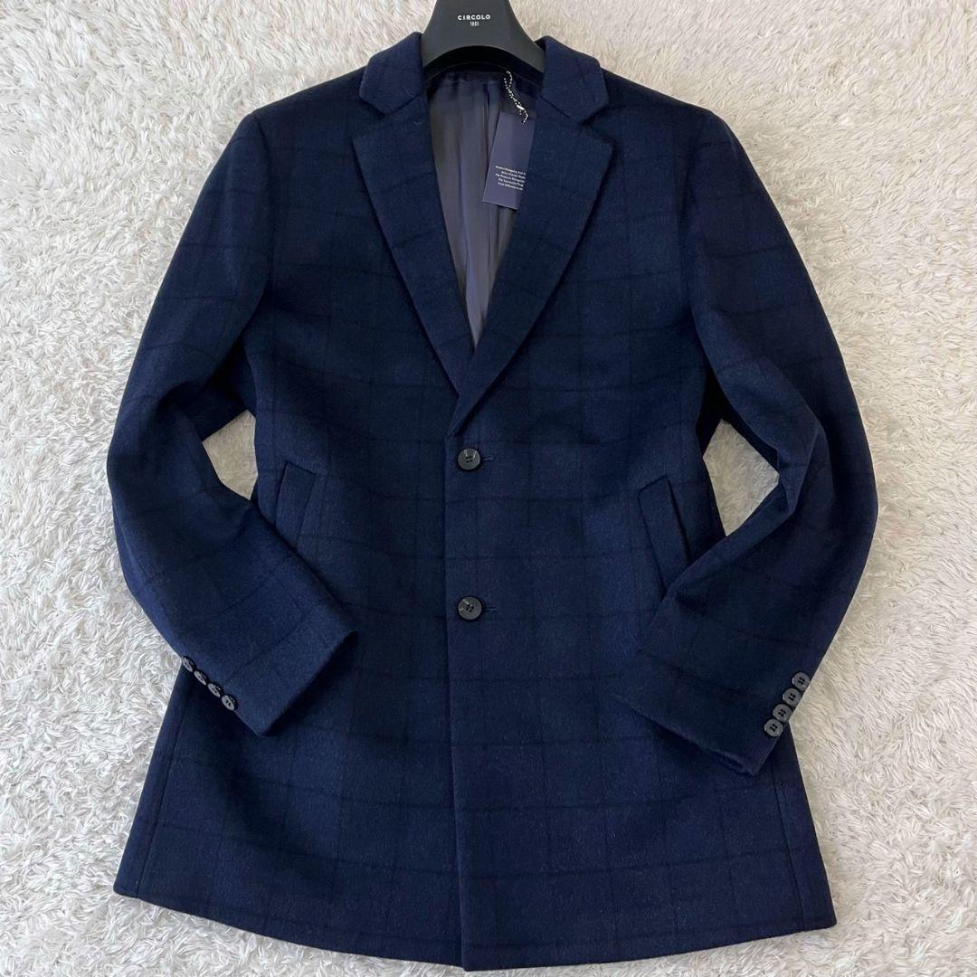 新品 ロベルトカバーニ チェスターコート カシミヤ100 チェック 紺 L