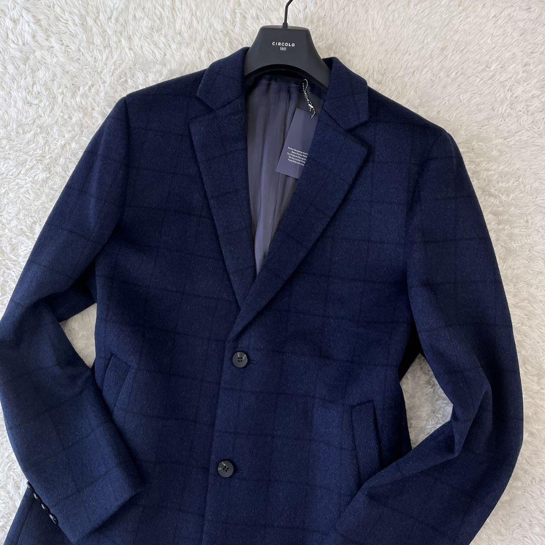 新品 ロベルトカバーニ チェスターコート カシミヤ100 チェック 紺 L