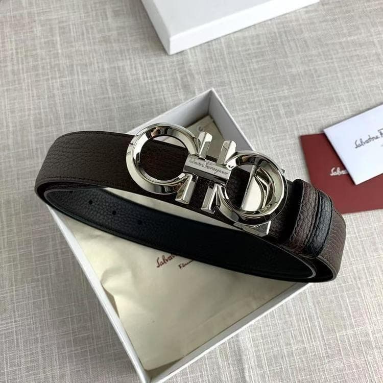Ferragamo ガンチーニ 銀バックル リバーシブルベルト 黒×茶Salvatore Ferragamo