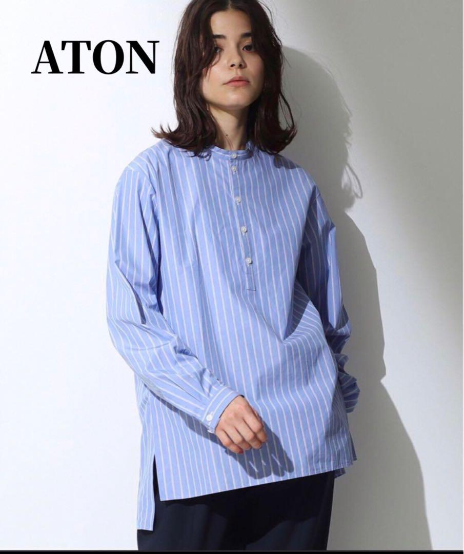 ATON / ツイル ストライプ バンドカラーシャツ