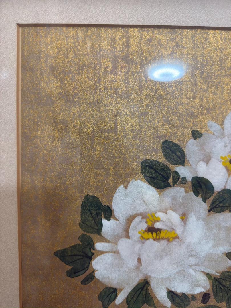福田翠光 日本画 京都画家 西山翠嶂 師事 額装 シャクヤク 絵画(金箔背景) 福田翠光 日本画 京都画家 西山翠嶂 師事 額装 シャクヤク 絵画