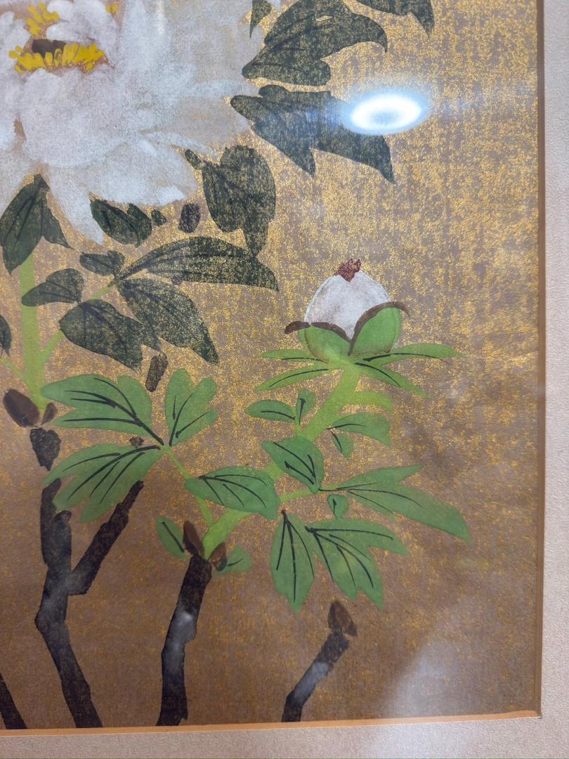 福田翠光 日本画 京都画家 西山翠嶂 師事 額装 シャクヤク 絵画（金箔背景） 福田翠光 日本画 京都画家 西山翠嶂 師事 額装 シャクヤク 絵画