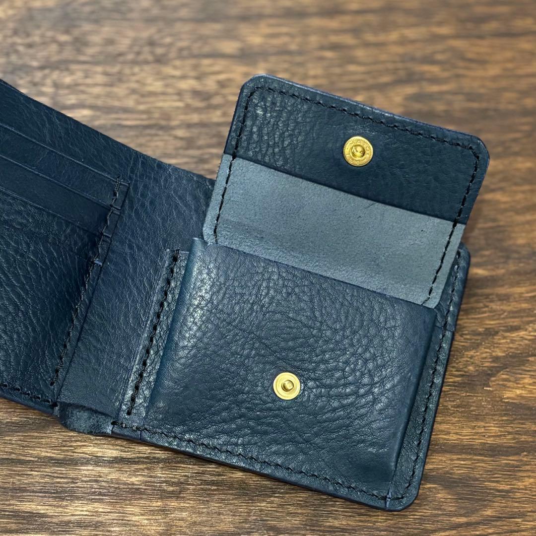 二つ折り財布 ブルー ハンドメイド イタリアンレザー 総手縫い