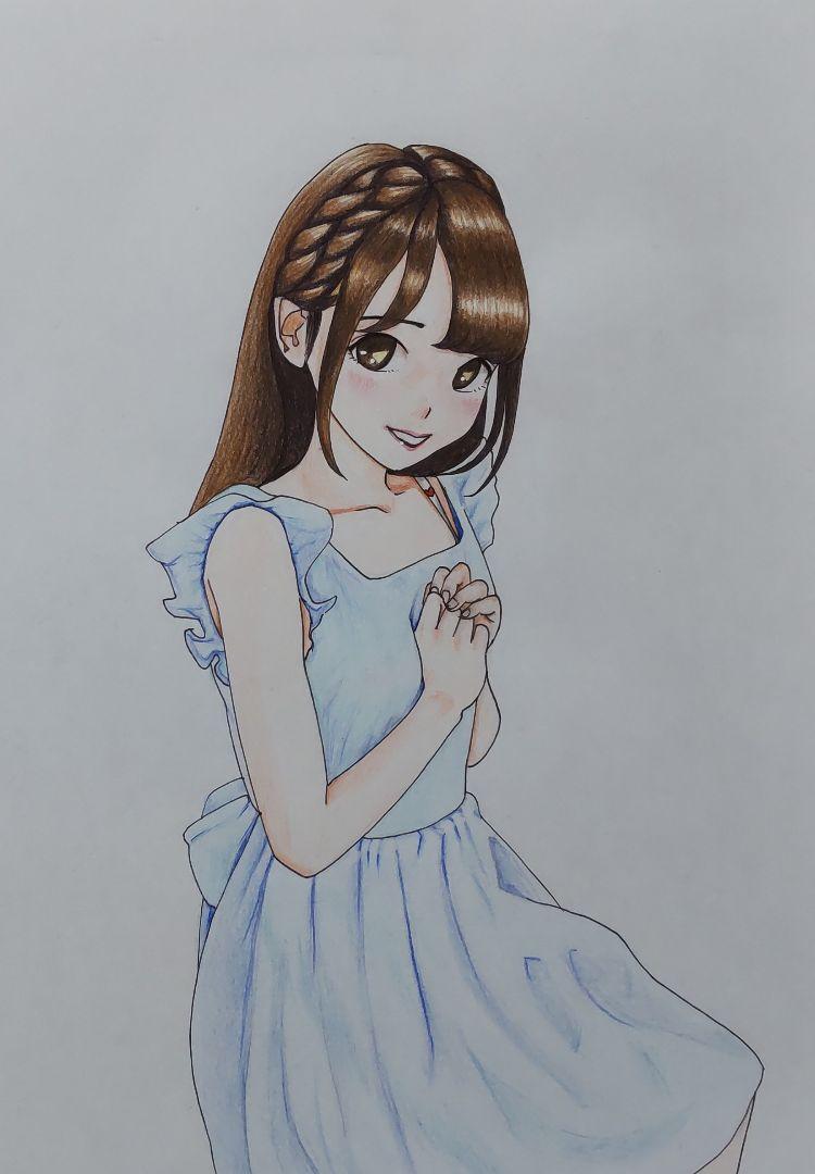 手描きイラスト色鉛筆画A4サイズ水色フリルドレスの少女イラスト