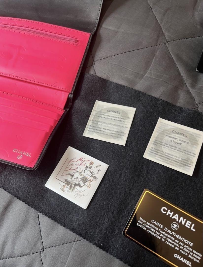 【美品】CHANEL カンボンライン 三つ折り 長財布 ブラック×ピンク