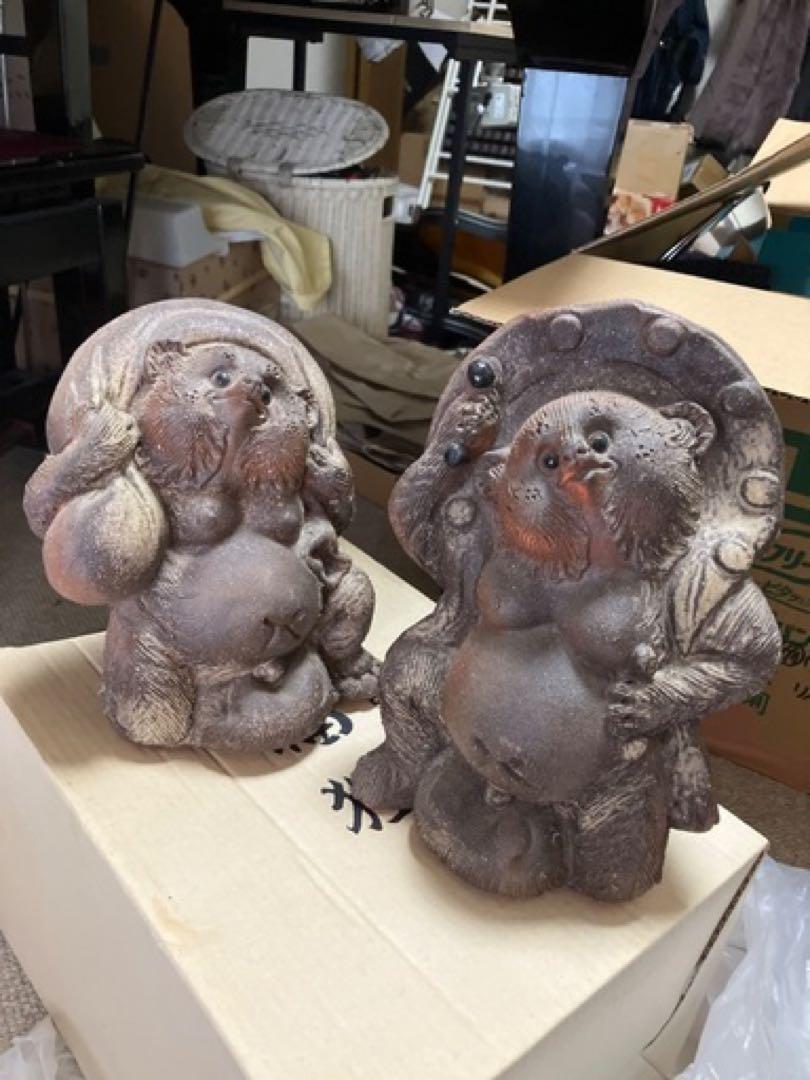 信楽焼　たぬき　風神雷神