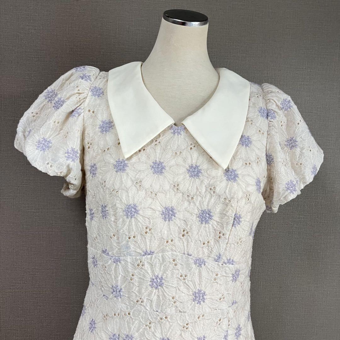 31 Sons de mode 花柄刺繍ワンピース　衿取り外し可能　白　紫