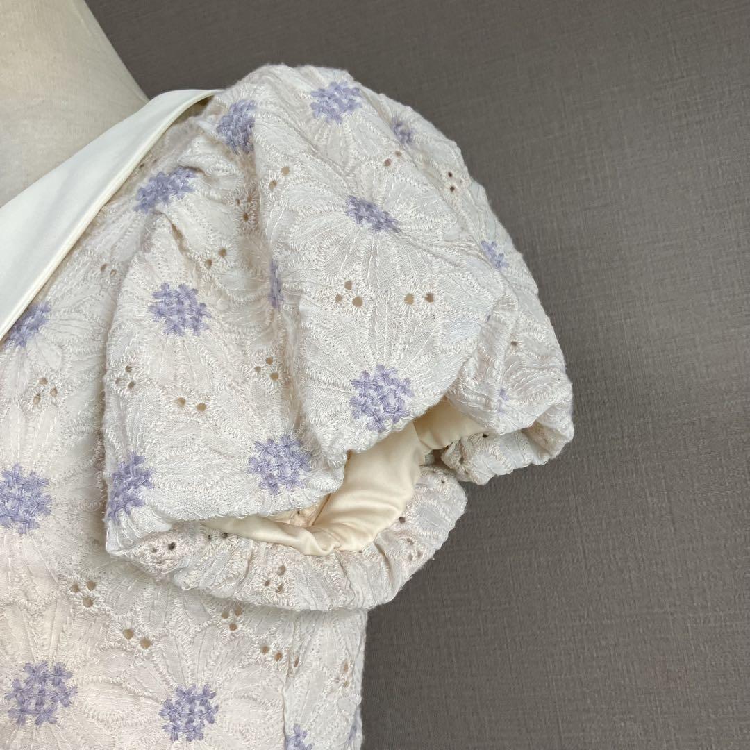 31 Sons de mode 花柄刺繍ワンピース　衿取り外し可能　白　紫