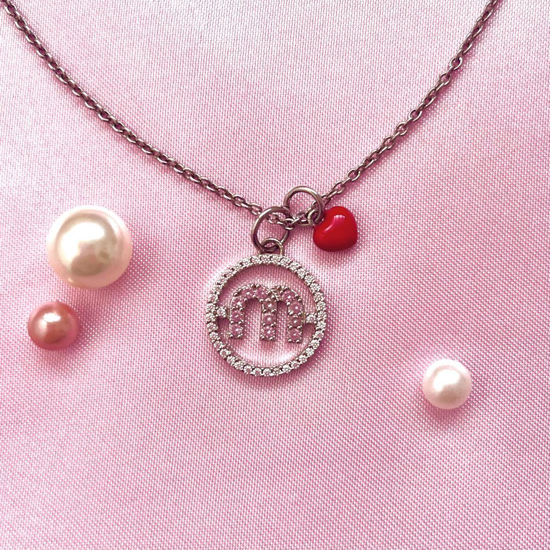 【美品】miumiu ロゴ ネックレス ハートチャーム付き ラインストーン