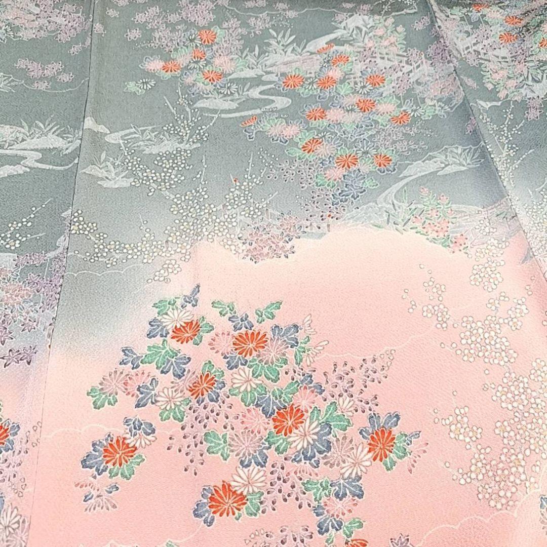 160 華 小紋 ちりめん 花 ピンク くすみ グレー レディース