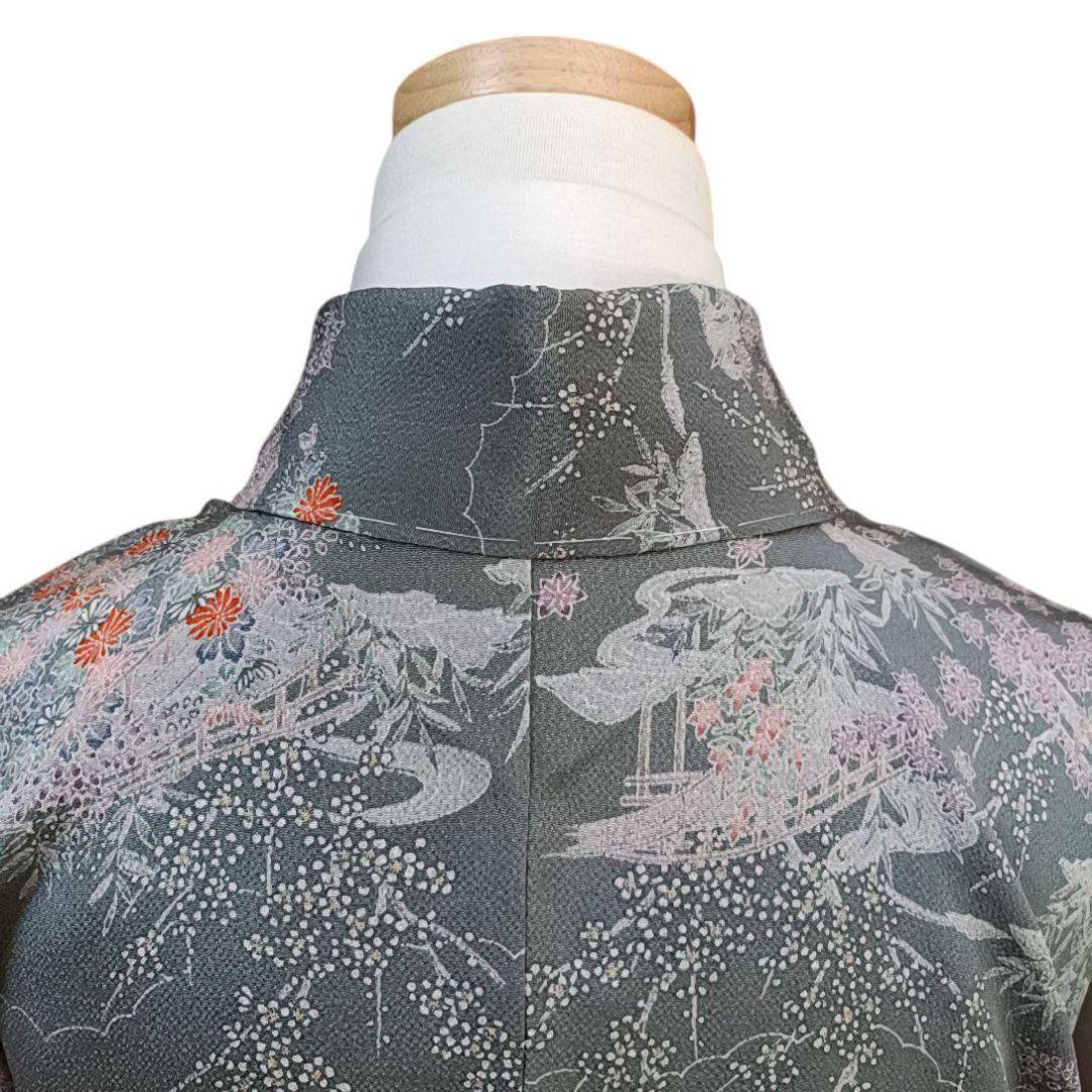 【返品?交換対象商品】 華 160 小紋 レディース グレー くすみ ピンク 花 ちりめん 着物・浴衣