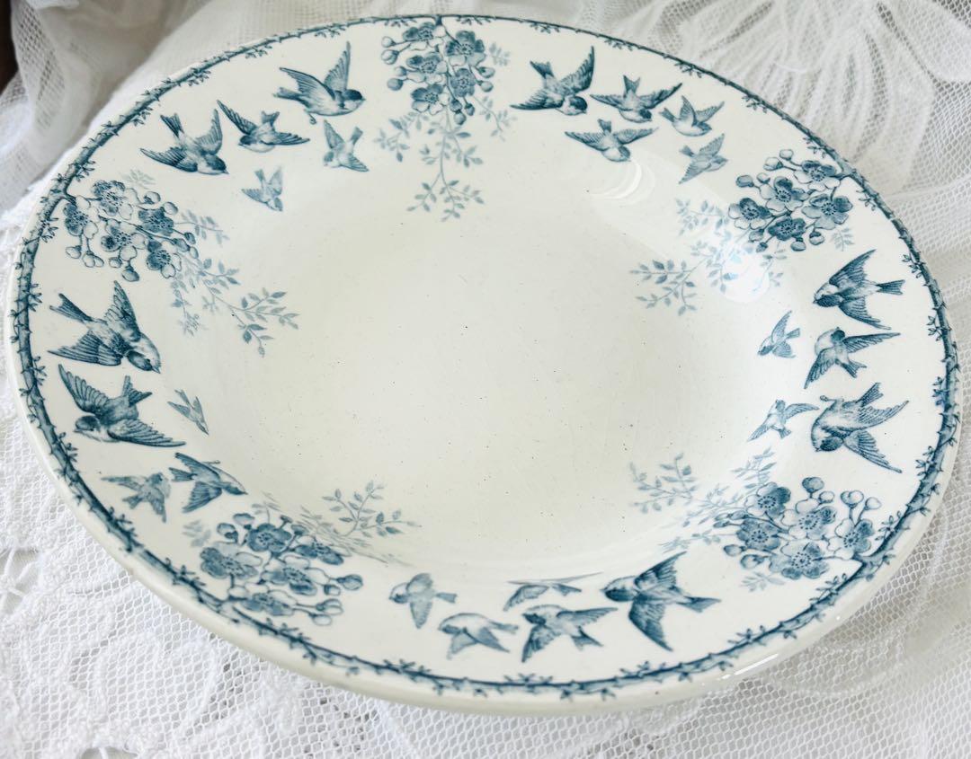 美品 フランスアンティーク プレート ショワジールロワ窯 小鳥と野薔薇 深皿