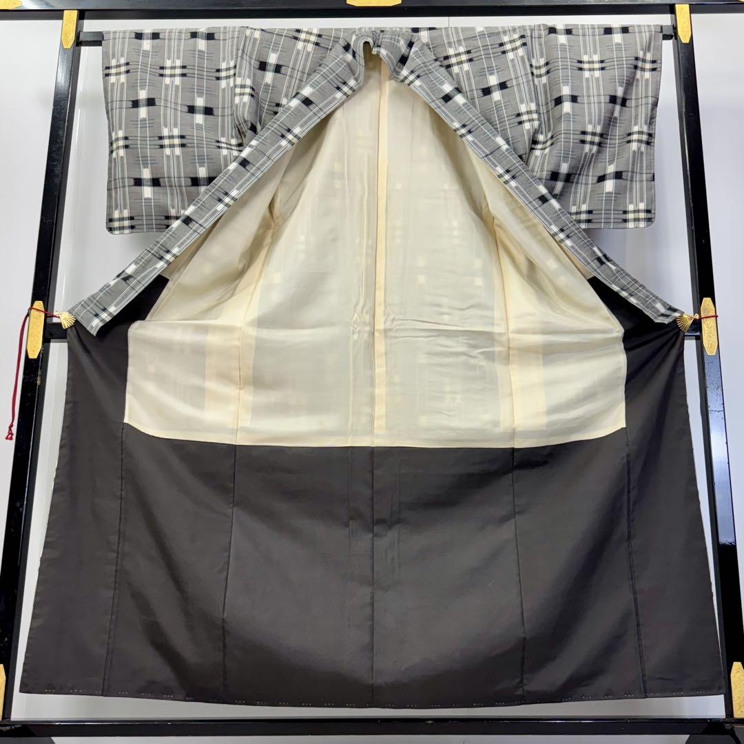 紬着物 しつけ糸 伝統的な着物 グレー系 チェック柄 NK-1201