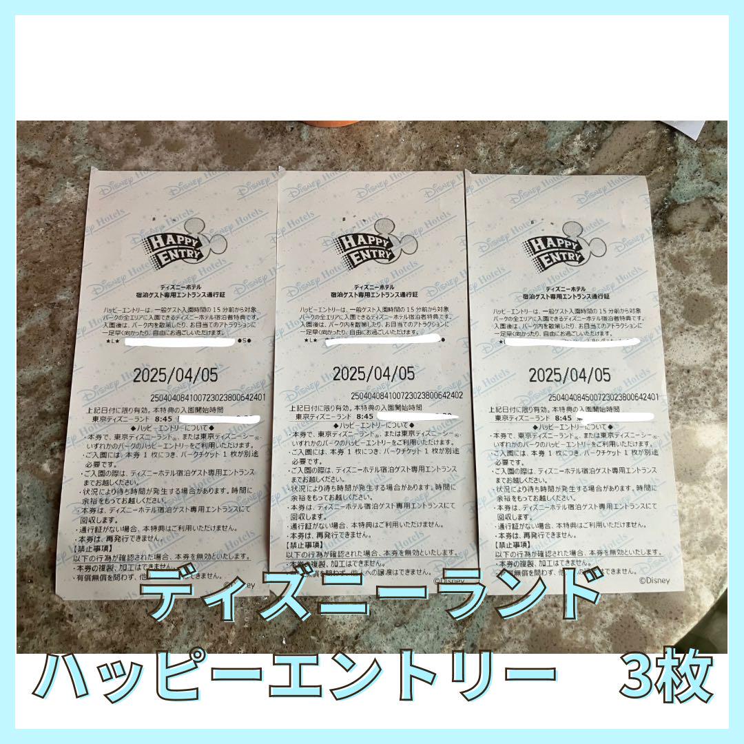 東京ディズニーランド　ハッピーエントリー　2025年4月5日（土）　3枚