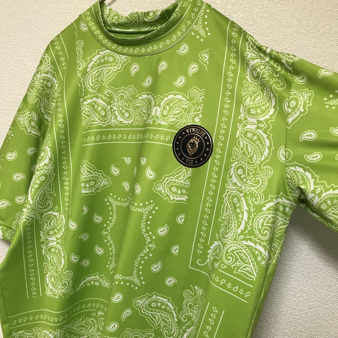 人気アイテム【ヴィトゥエルヴ】半袖/Tシャツ/総柄/モックネック/ライムグリーン