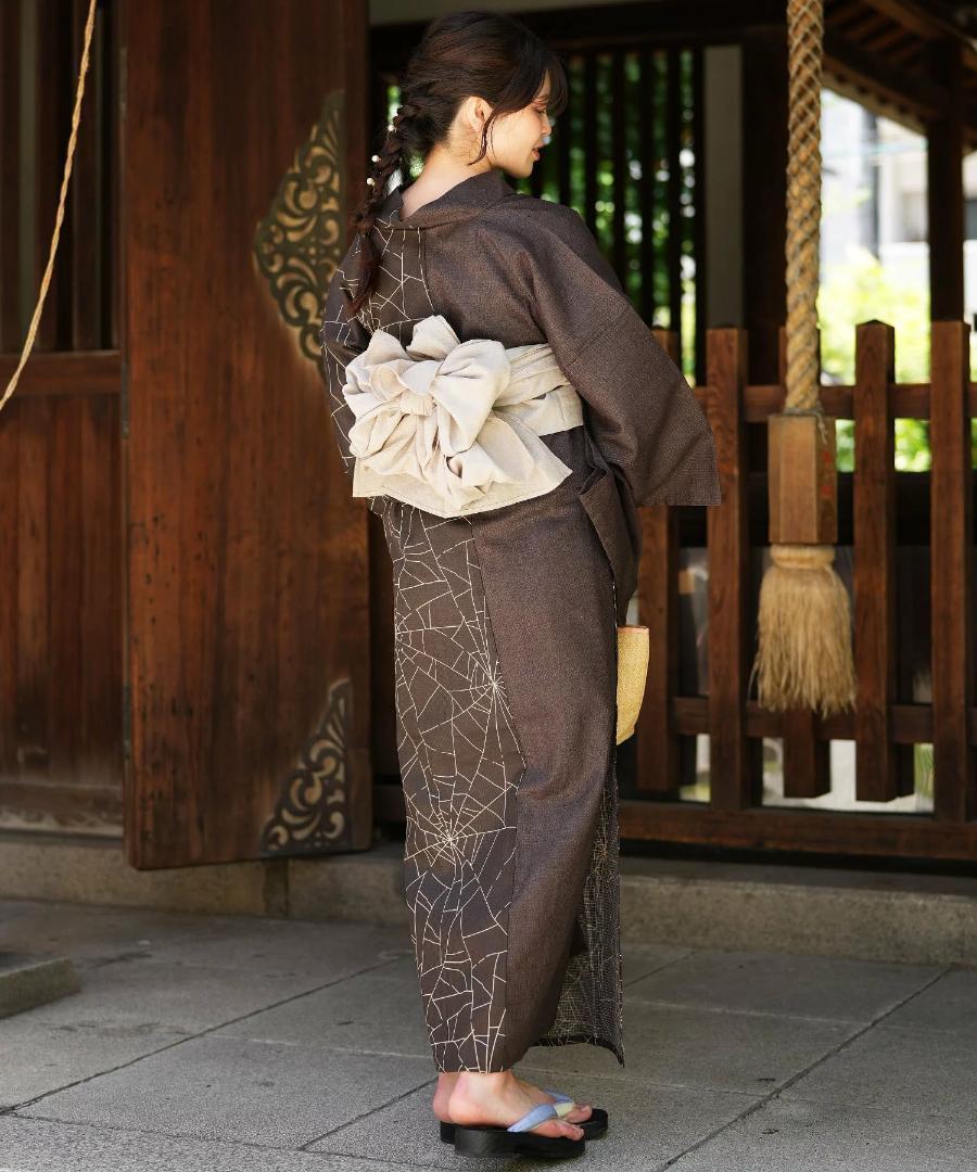 ◆最高品質和歌山染め日本生地◆こげ茶の変わり袖モダン蜘蛛の巣浴衣◆変わり織り◆