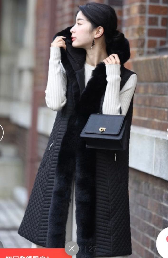 noa-ge キルティングファー付きロングベスト ブラックM