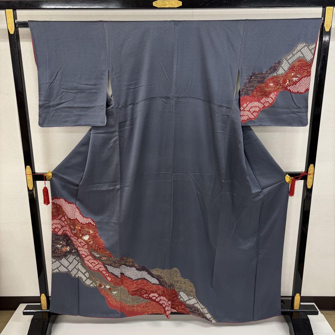 AK-1820   付下げ　紋無し　しぼり　一部刺繍　金彩　正絹　広衿　袷　着物