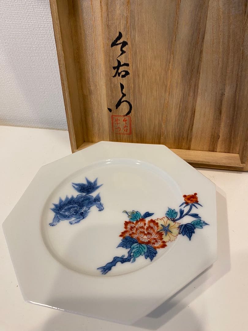 今泉今右衛門 八角皿 5枚 唐獅子 牡丹 高台八角 銘々皿 錦獅子牡丹絵有田焼
