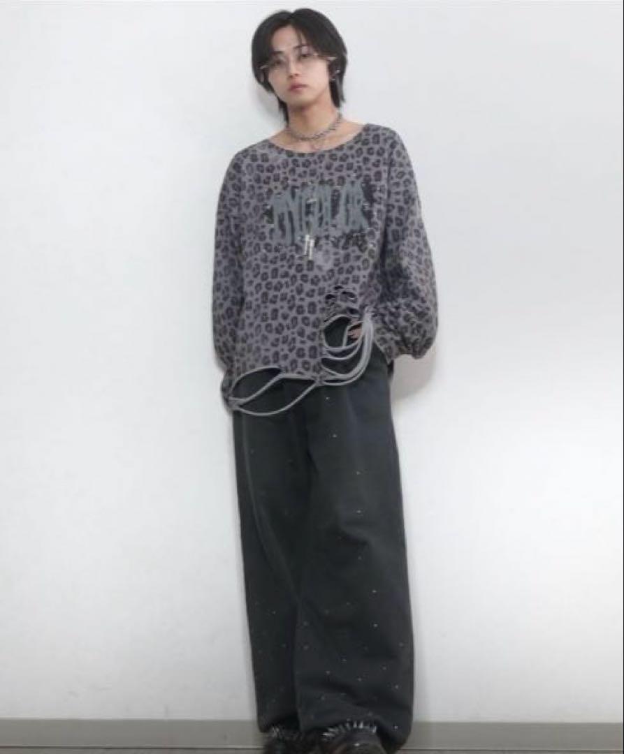 GRANCY ラインストーンデザイングラフィックダメージロンT ホワイト