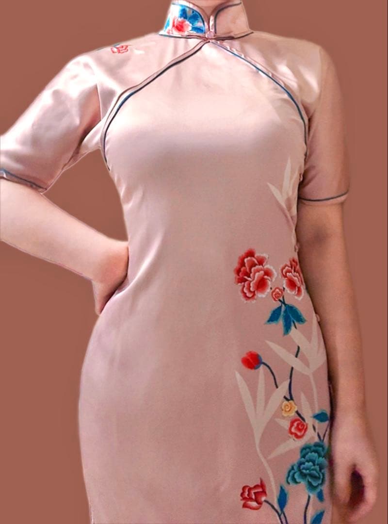 淡色ピンク サテン ロング チャイナドレス 上品 仕立て 手作りM