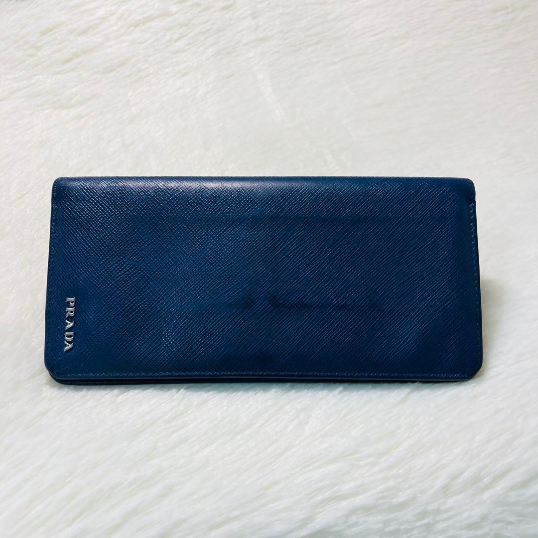 PRADA プラダ 二つ折り 長財布 ネイビー ブルー 銀ロゴ