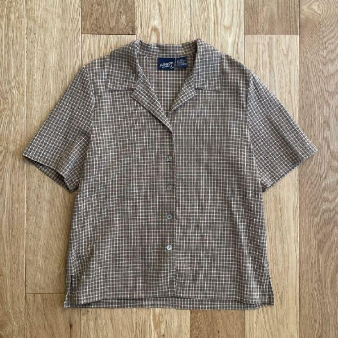 vintage チェック　半袖　オープンカラーシャツ ベージュ