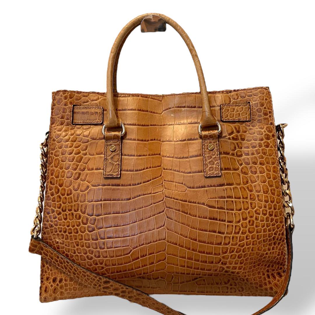 KORS ハンドバッグクロコ型押しブラウンゴールドチャーム