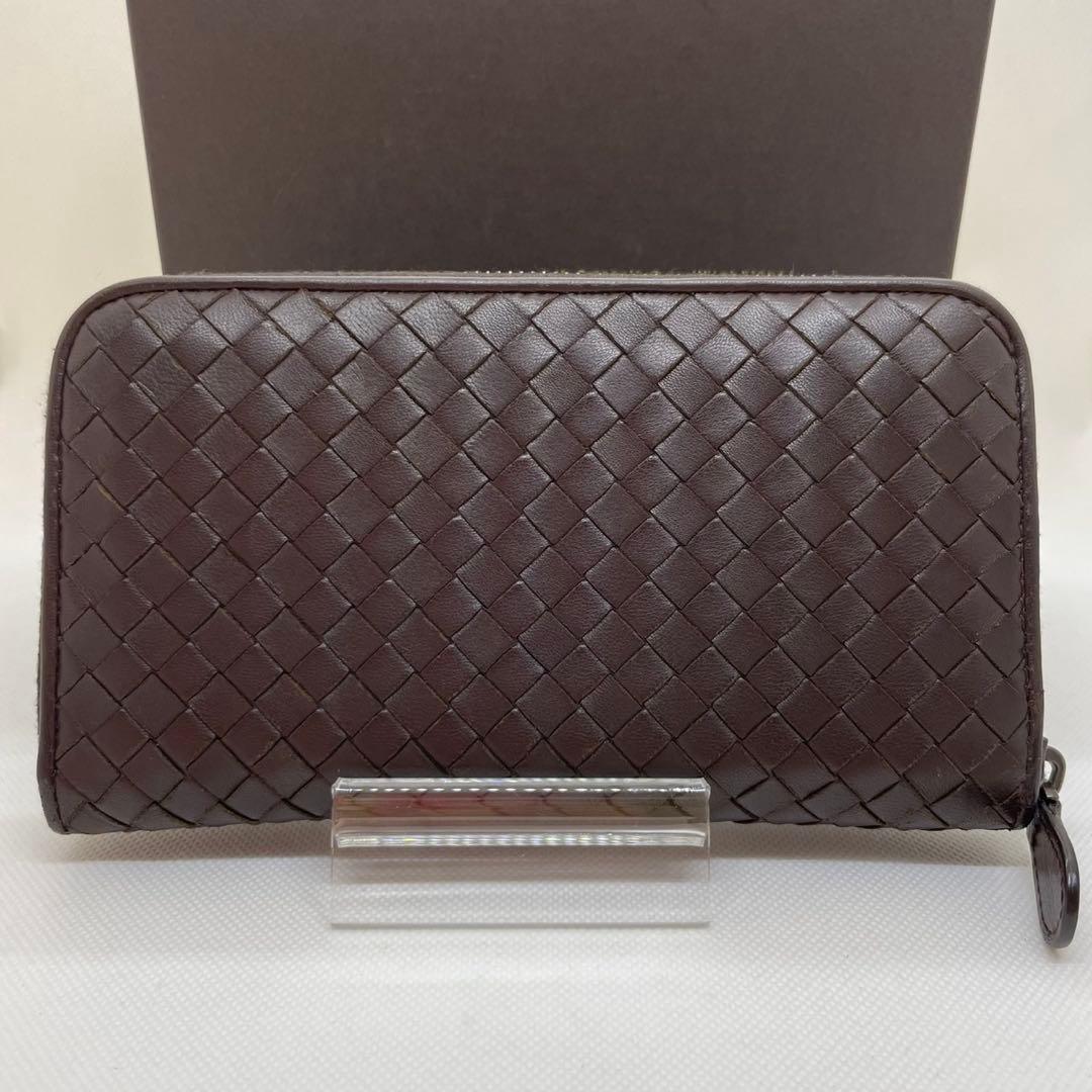 【使用感少】ボッテガヴェネタ イントレチャート 長財布 ジップ 小銭入れ付き 茶