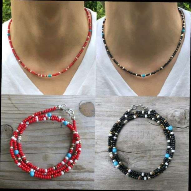 40cm ネイティブカラー ビーズネックレス【2set】Redu0026Black07