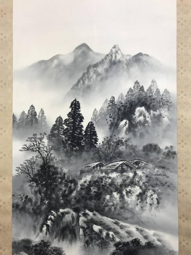 真作/春山/山水帰樵図/山水図/帰路図/掛軸☆宝船☆AE-276
