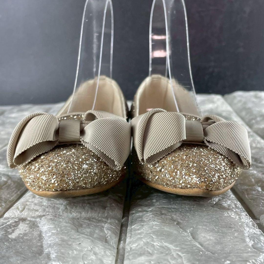 ☆美品 ダイアナ フラットパンプス リボン グリッター ゴールド