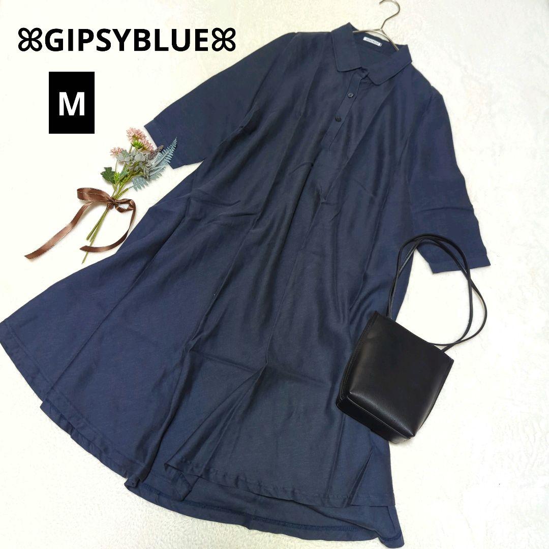 368★ジプシーブルー 七分袖Aラインポロワンピース【M】ネイビー リネン混